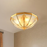 Colonial Style 3-Light Hemispherical Brass Ceiling Light With Frosted White Glass - Flush Mount Lamp
