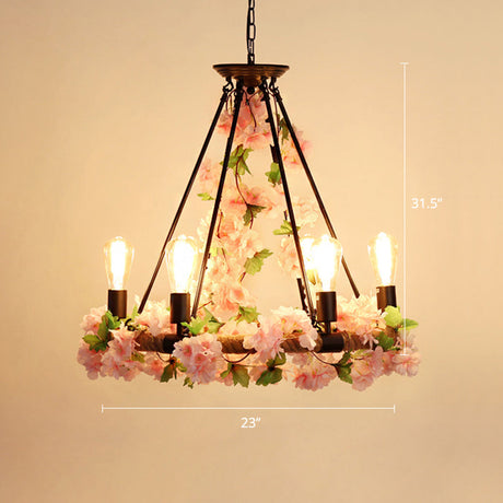 Wagon Wheel Farmhouse Metal Chandelier With Plant Accents - Dining Room Hanging Light 6 / Pink