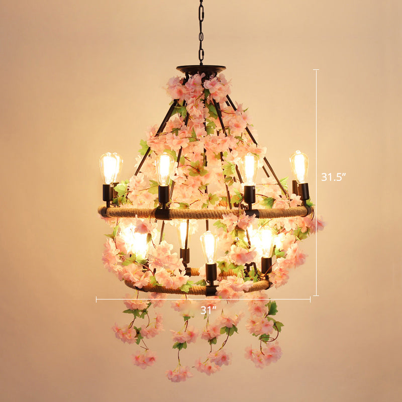 Wagon Wheel Farmhouse Metal Chandelier With Plant Accents - Dining Room Hanging Light 14 / Pink
