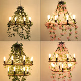 Wagon Wheel Farmhouse Metal Chandelier With Plant Accents - Dining Room Hanging Light