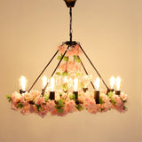 Wagon Wheel Farmhouse Metal Chandelier With Plant Accents - Dining Room Hanging Light