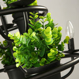 Country Metallic 4-Light Green Pendant Chandelier With Leaf Decoration - Circle Dining Room Light