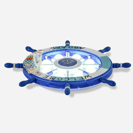 Kids Style 8-Bulb Led Flush Ceiling Light - Rudder Wooden Flushmount With Fishnet Deco Dark Blue /