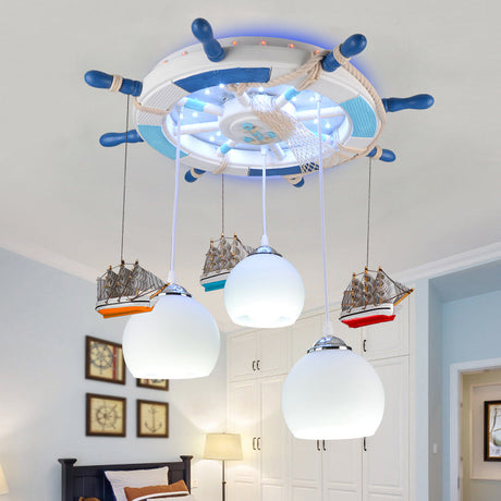 Cartoon 3 Bulb Cream Glass Dome Ceiling Light Flush Mount With Rudder Canopy (White)