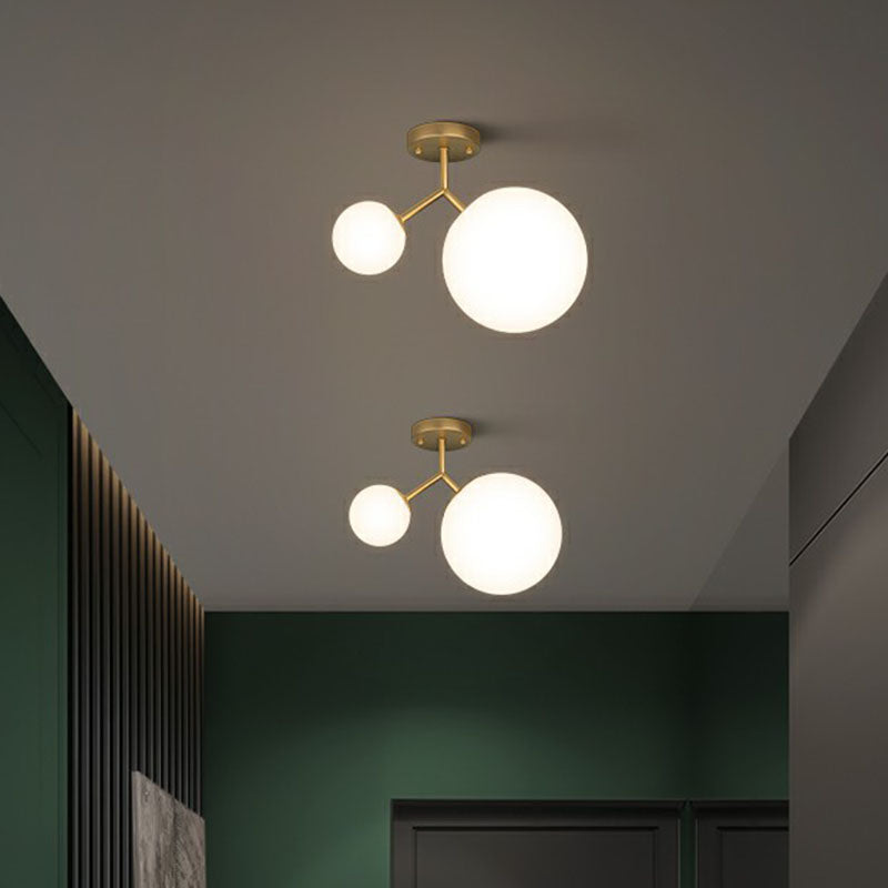 Sleek Gold Semi Flush Mount Ceiling Light With Minimalist Milky Glass - 2-Head Flushmount Lighting