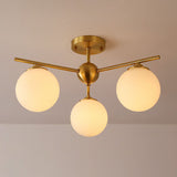 Simplicity Milk Glass Globe Semi Flush Mount Light - 3-Bulb Antiqued Gold Ceiling Fixture / Small