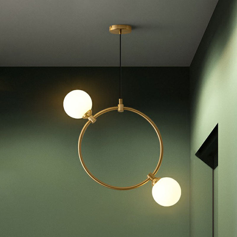 Opal Glass 2-Bulb Chandelier: Simple Style Gold Ceiling Light For Dining Room With Ring Deco
