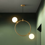 Opal Glass 2-Bulb Chandelier: Simple Style Gold Ceiling Light For Dining Room With Ring Deco
