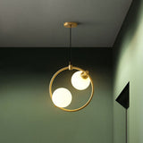 Opal Glass 2-Bulb Chandelier: Simple Style Gold Ceiling Light For Dining Room With Ring Deco