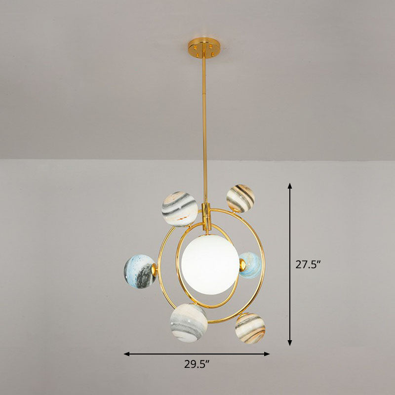 Gold Orbital Planet Pendant Light With Stained Glass Shade - Postmodern Creative Chandelier 7 /