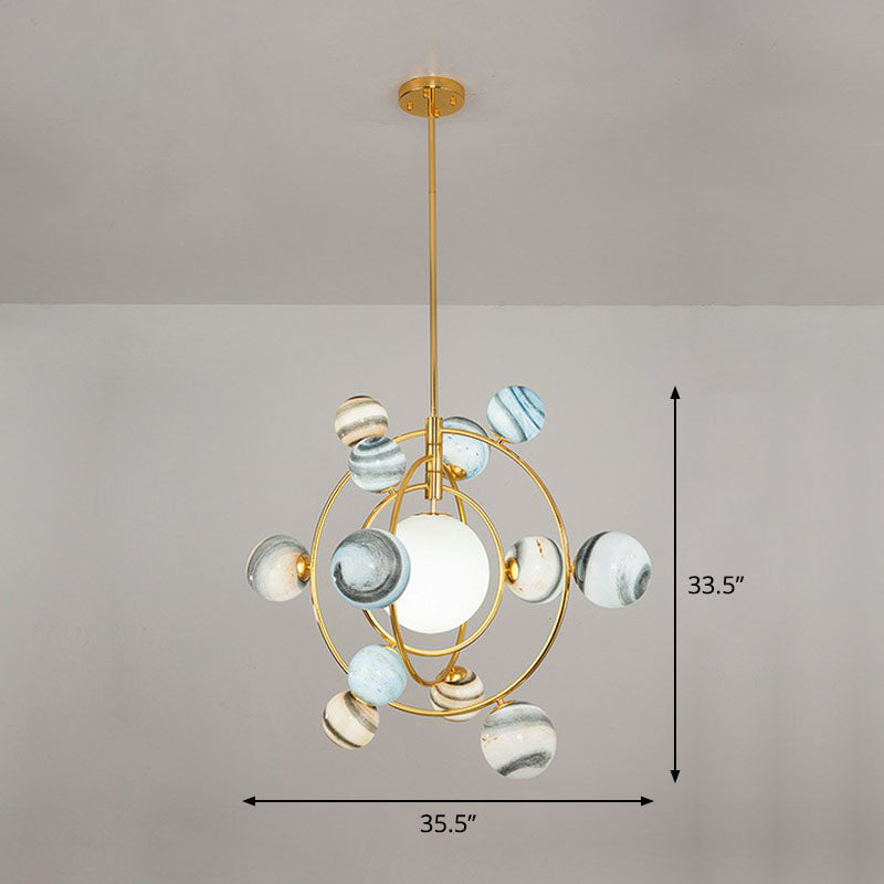 Gold Orbital Planet Pendant Light With Stained Glass Shade - Postmodern Creative Chandelier 13 /