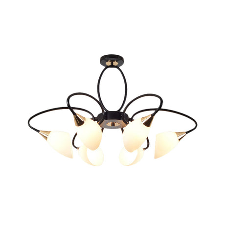 Traditional Oval White Glass Semi Flush Mount Ceiling Light With 6/8 Lights - Black Finish For