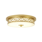 Gold Drum Flush Mount Led Lamp With Classic White Glass - Ideal Living Room Ceiling Light In Or Warm