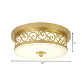 Gold Drum Flush Mount Led Lamp With Classic White Glass - Ideal Living Room Ceiling Light In Or Warm