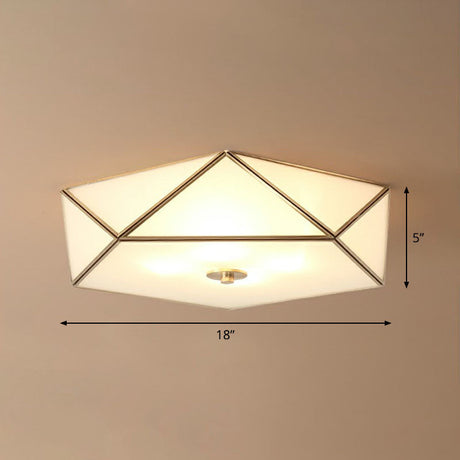Brass Pentagonal Flushmount Ceiling Lamp: Simplicity Collection - Satin Opal Glass Flush-Mount Light