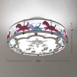 Cartoon Metal Drum Shaped 6-Light Kids Room Ceiling Lamp In White / Carousel