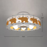 Cartoon Metal Drum Shaped 6-Light Kids Room Ceiling Lamp In White / Bear