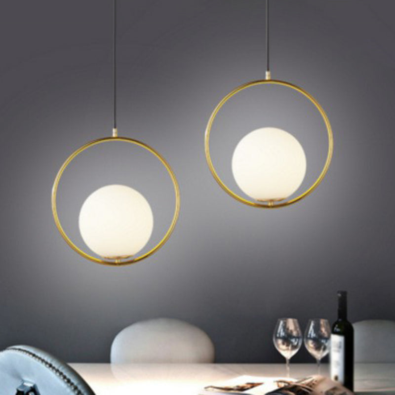 White Glass Hanging Lamp With Brass Metal Ring - Post-Modern Pendant Light