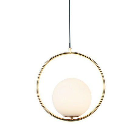 White Glass Hanging Lamp With Brass Metal Ring - Post-Modern Pendant Light