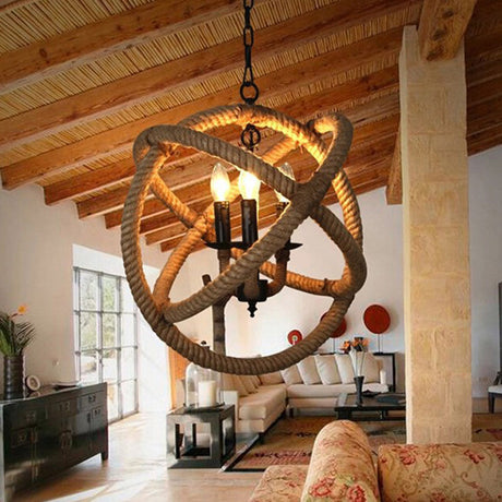 White Orbit Globe Pendant Chandelier With Hemp Rope - Farmhouse Style Ceiling Light For Dining Room