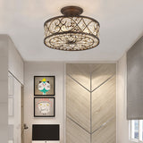 Rustic Metal And Crystal Drum Bedroom Ceiling Light Fixture - Semi Flush 3 Lights Rust