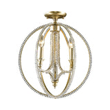 Rustic Orb Metal Semi Flush Mount Ceiling Light With Crystal Accents - 3 Lights Brass Finish