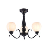 Traditional Black Semi Flush Ceiling Light With White Glass Shades - 3/5/6 Lights