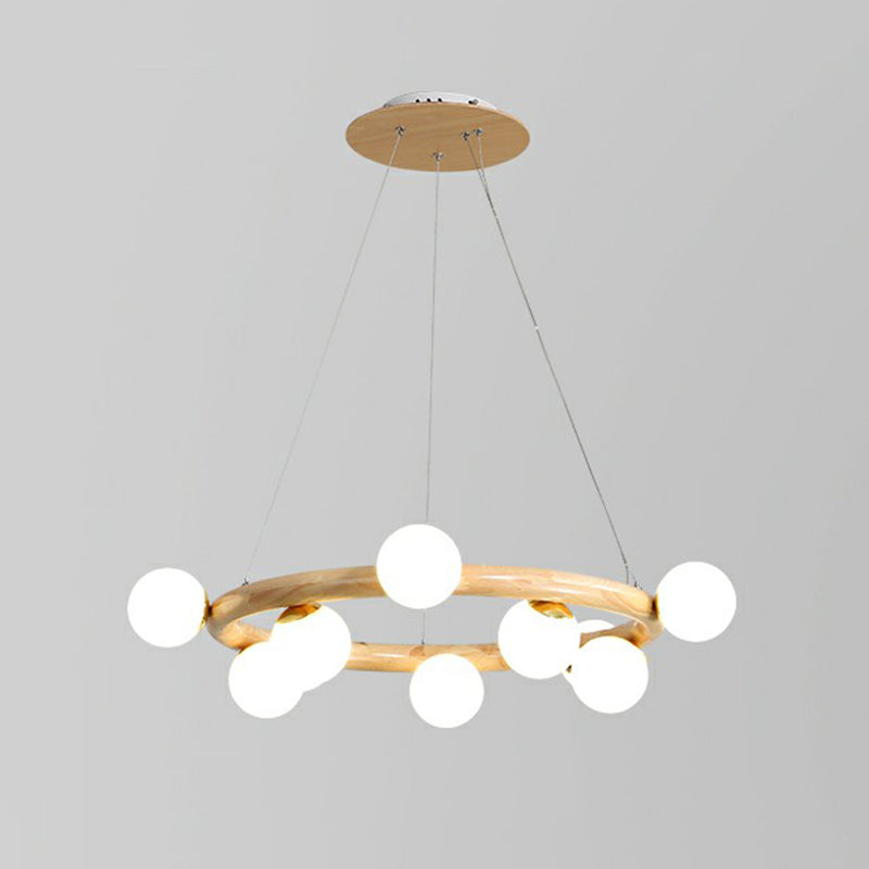 Minimalistic Circular Wood Pendant Chandelier With Beige Hanging Light And White Glass Orb Shade 10
