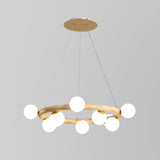Minimalistic Circular Wood Pendant Chandelier With Beige Hanging Light And White Glass Orb Shade 10