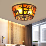 Country Style Round Marble Flushmount Ceiling Light With Bear/Horse Pattern And 3 Lights