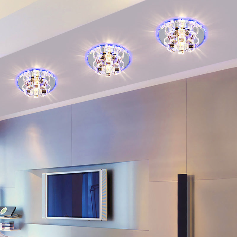 Minimalist Clear Crystal Flush Mount Ceiling Lamp With Mirrored Canopy - Floral Accent For Living