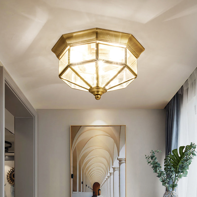 Traditional Gold Flush Mount Foyer Ceiling Light With Octagon Glass Shade - 3 Lights
