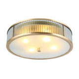 Modern Brass Flush Mount Ceiling Light Simplicity Drum Shape Ribbed Clear Glass For Bedroom