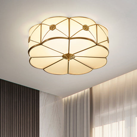 Traditional Scalloped Glass Ceiling Lamp In White & Brass For Bedroom Flush Mount Lighting