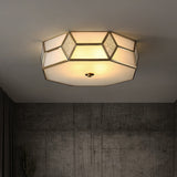 Octagon Flush Mount Bedroom Ceiling Light Fixture With Minimalistic Textured White Glass And Brass