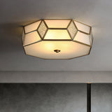 Octagon Flush Mount Bedroom Ceiling Light Fixture With Minimalistic Textured White Glass And Brass