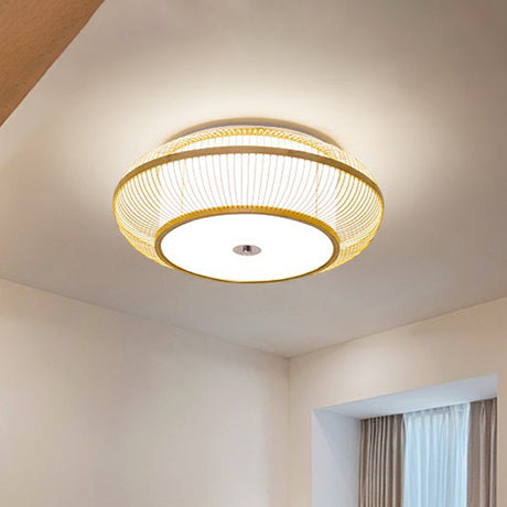 Minimalistic Round Bamboo Flushmount Ceiling Light - Single-Head Aisle Fixture With Natural Wood