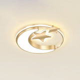 Stylish Kids Crescent And Star Metal Ceiling Light Fixture For Bedroom - Flush Mount Lamp With Ring