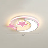 Stylish Kids Crescent And Star Metal Ceiling Light Fixture For Bedroom - Flush Mount Lamp With Ring