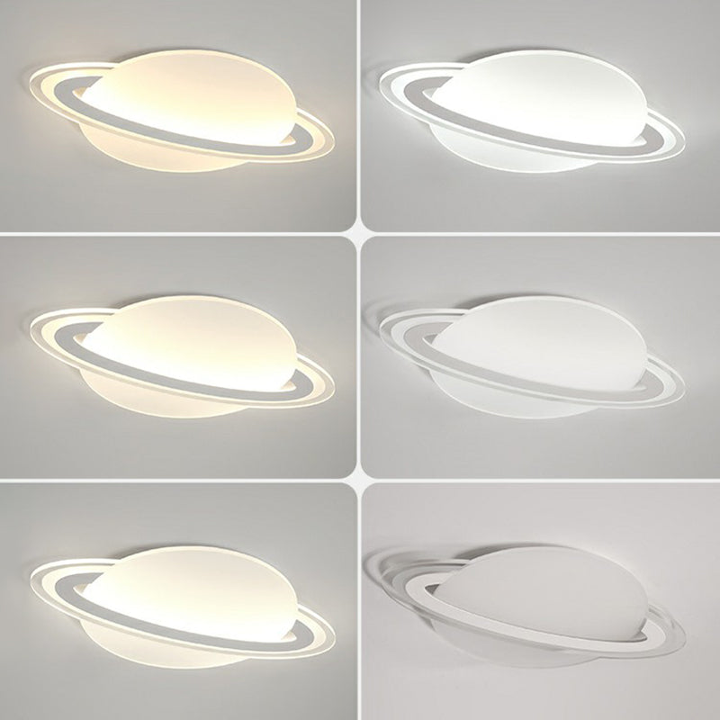 Minimalist Led Flush Lamp For Kid’s Bedroom: Ringed Planet Ceiling Light In White / 12’ Remote