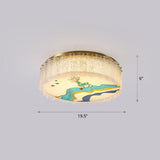Gold Led Crystal Flush Ceiling Light: Hand-Painted Drum Design Modern Bedroom Fixture / Deer