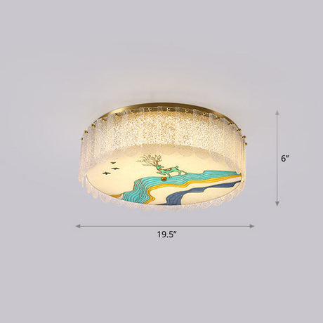 Gold Led Crystal Flush Ceiling Light: Hand-Painted Drum Design Modern Bedroom Fixture / Deer