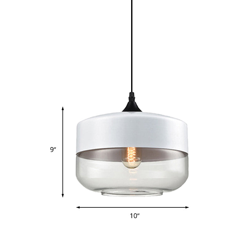 Modern 1-Light Glass Suspension Pendant In White/Black - 5/7/8 Wide Drum/Cylinder/Jar Clear/Yellow