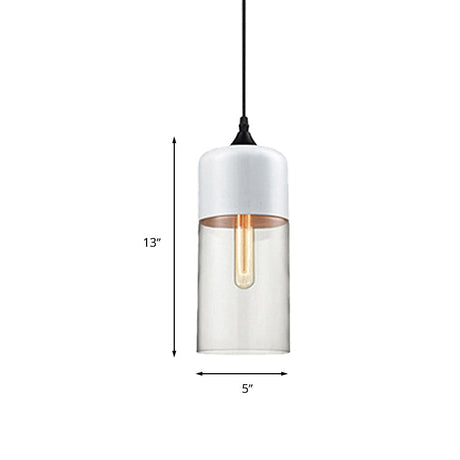 Modern 1-Light Glass Suspension Pendant In White/Black - 5/7/8 Wide Drum/Cylinder/Jar Clear/Yellow