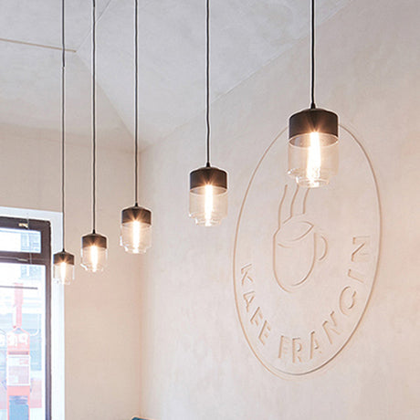 Modern 1-Light Glass Suspension Pendant In White/Black - 5/7/8 Wide Drum/Cylinder/Jar Clear/Yellow