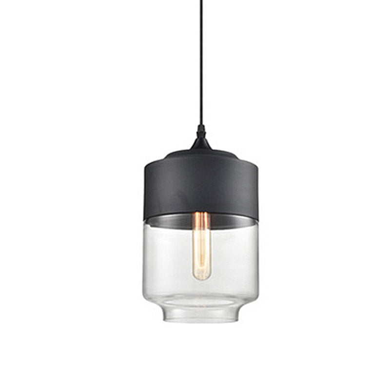 Modern 1-Light Glass Suspension Pendant In White/Black - 5/7/8 Wide Drum/Cylinder/Jar Clear/Yellow