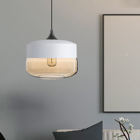 Modern 1-Light Glass Suspension Pendant In White/Black - 5/7/8 Wide Drum/Cylinder/Jar Clear/Yellow