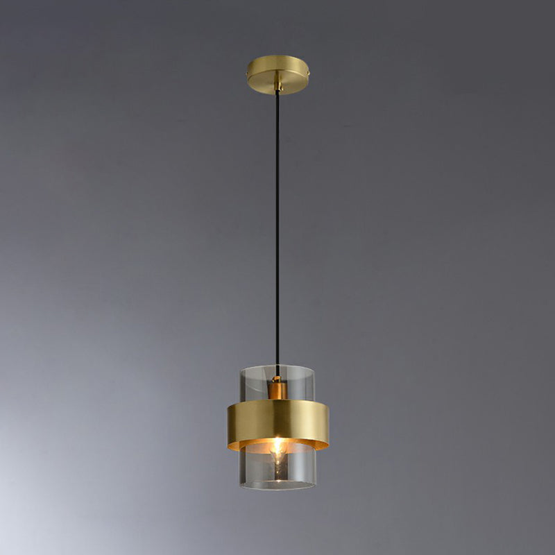 Smoke Grey Glass Cylinder Pendant Light With Brass Postmodern Design For Bedroom Down Lighting