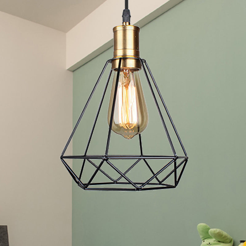 Vintage Diamond Cage Pendant Light - Iron Hanging Lamp In Brass For Living Room