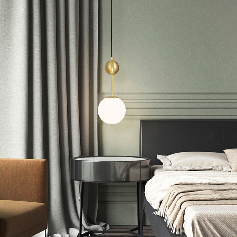 Opaline Glass Ball Pendant Light In Brass - Minimalist Bedside Hanging Lamp